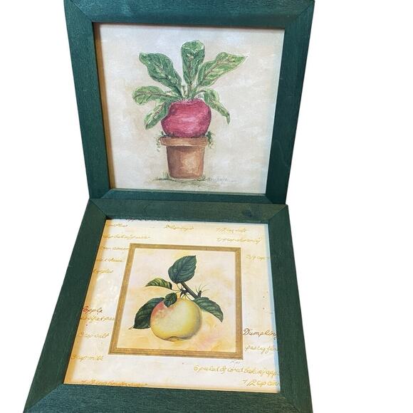 Set Of 2 Vintage Watercolor Art Fruit Prints Wall decor Singed Frame Beet Apple - Picture 1 of 7